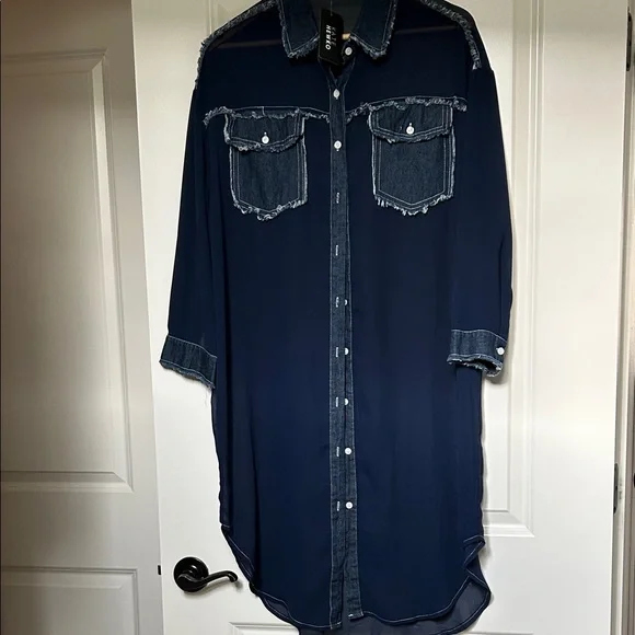 Kate Hewko NWT Sheer Denim Trim Button Up Dress Tunic one size - Picture 3 of 8
